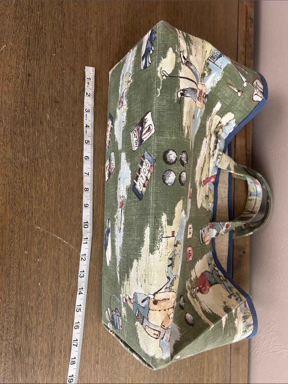 Vintage Handmade Toile Pattern Canvas Green Golf-Print Open Tote Bag. - Picture 7 of 10